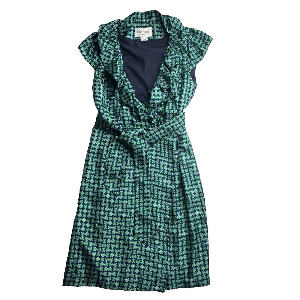 Elizabeth McKay Dress Green & Blue Silk Circle Print Wrap Around sz 6 - Picture 1 of 12